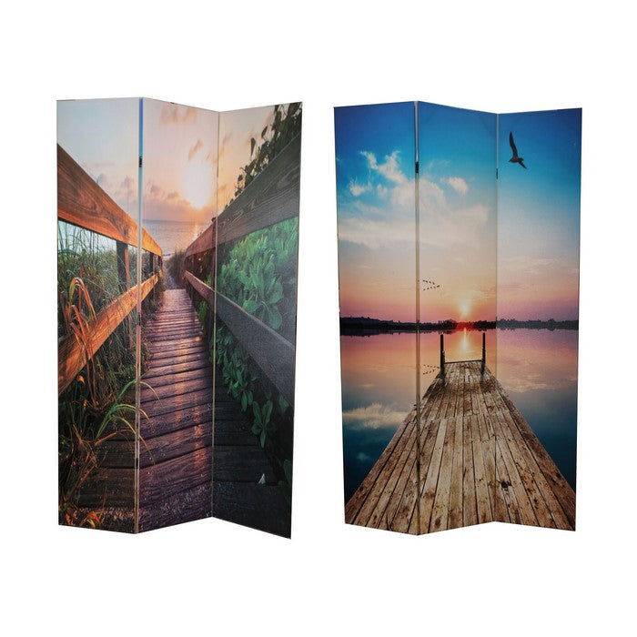 Wooden 3 Panel Room Divider with Beach Theme Print, Multicolor