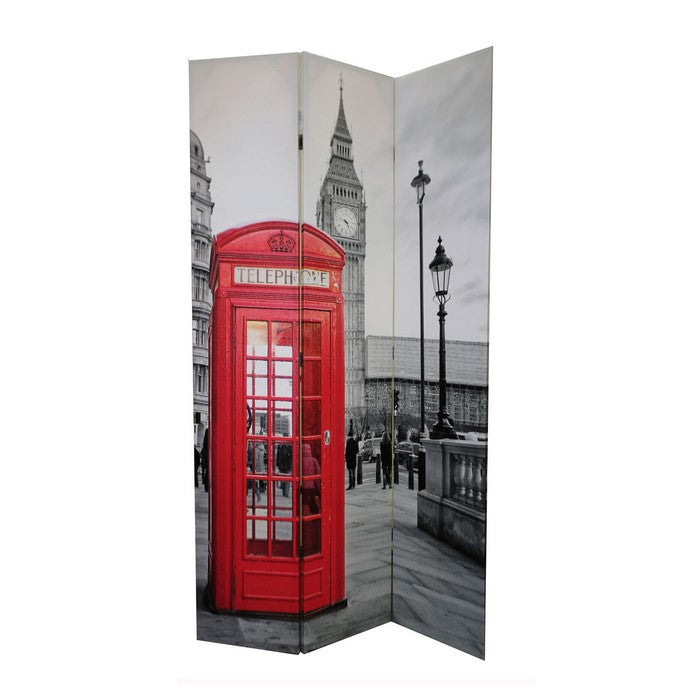 3 Panel Wooden Room Divider with LONDON Print, Gray and Red