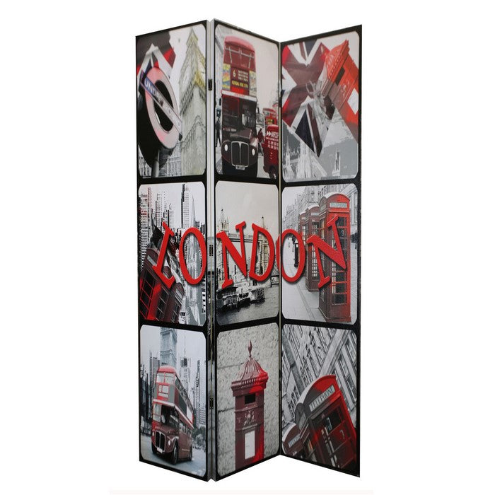 3 Panel Wooden Room Divider with LONDON Print, Gray and Red