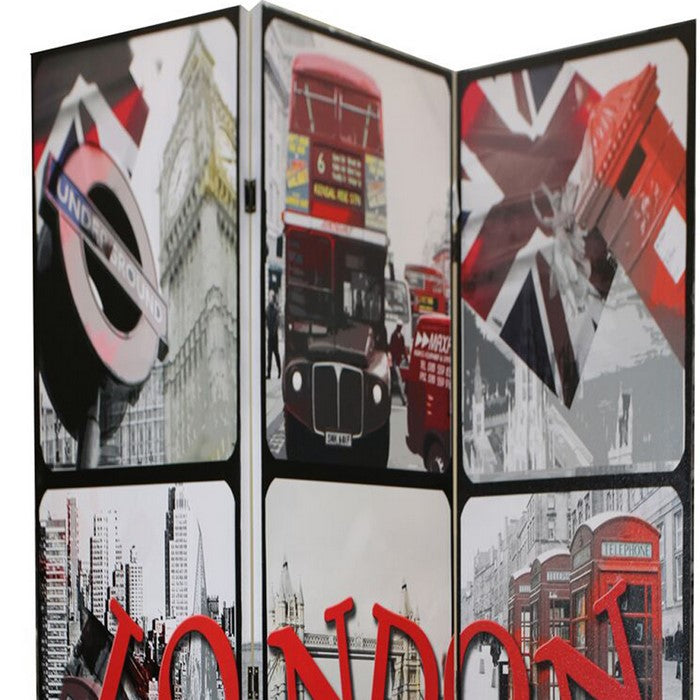 3 Panel Wooden Room Divider with LONDON Print, Gray and Red