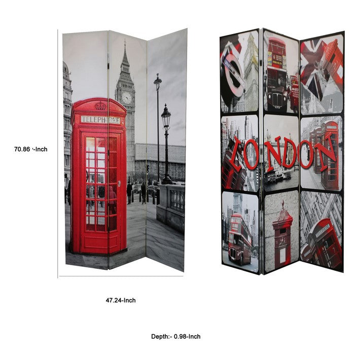 3 Panel Wooden Room Divider with LONDON Print, Gray and Red