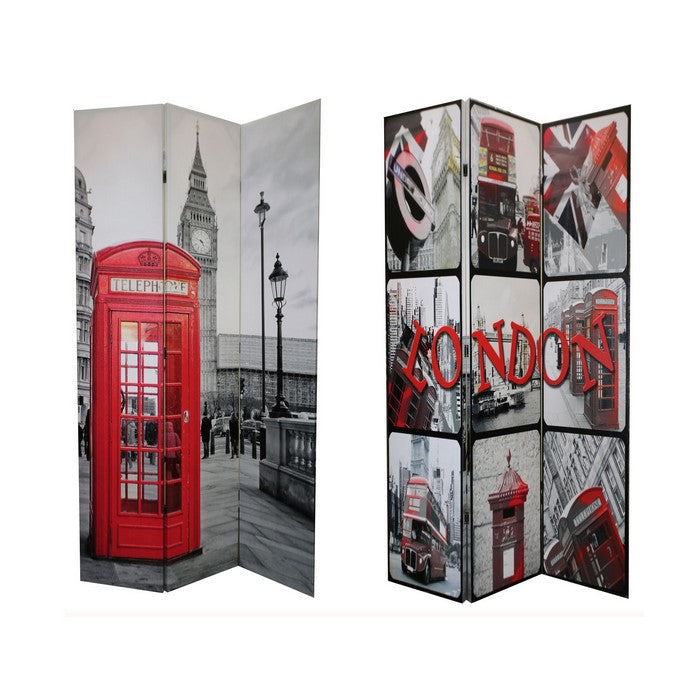 3 Panel Wooden Room Divider with LONDON Print, Gray and Red