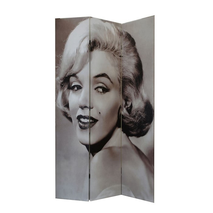 3 Panel Wooden Room Divider with MARILYN MONROE Print, Black and White