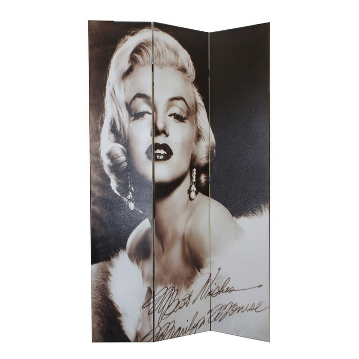 3 Panel Wooden Room Divider with MARILYN MONROE Print, Black and White