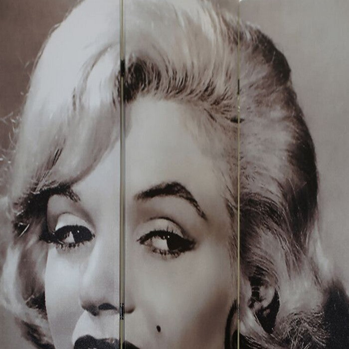 3 Panel Wooden Room Divider with MARILYN MONROE Print, Black and White
