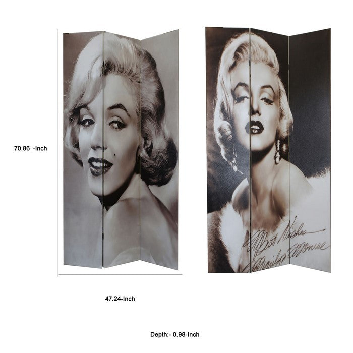 3 Panel Wooden Room Divider with MARILYN MONROE Print, Black and White