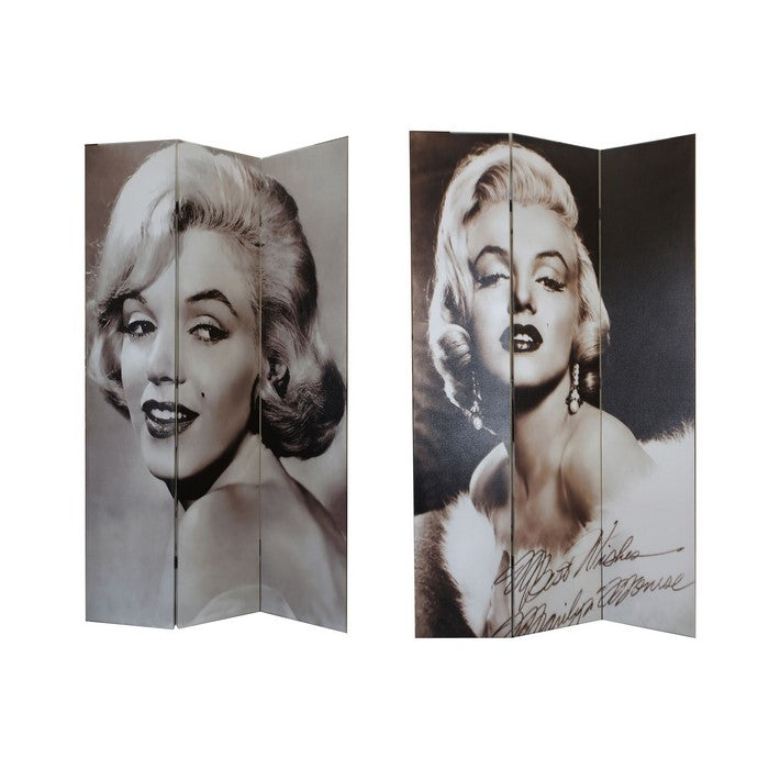 3 Panel Wooden Room Divider with MARILYN MONROE Print, Black and White