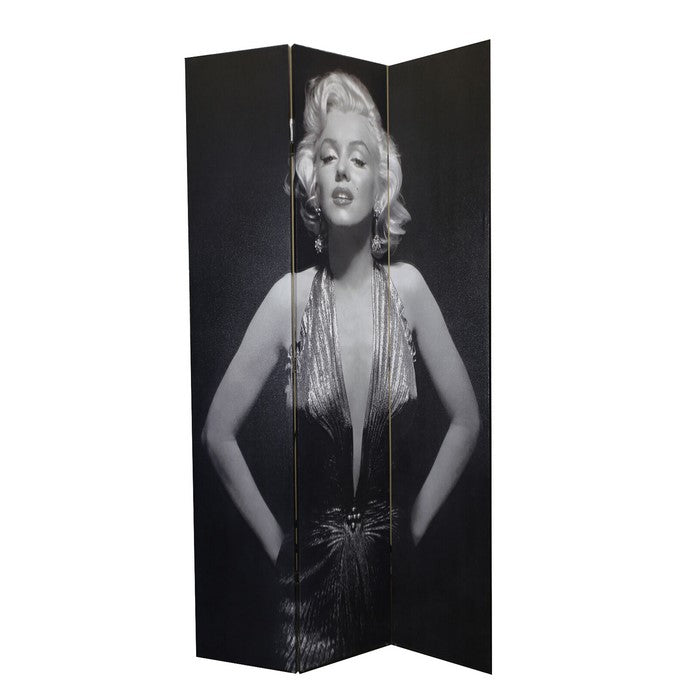 3 Panel Double Side Room Divider with MARILYN MONROE Print,Black and White