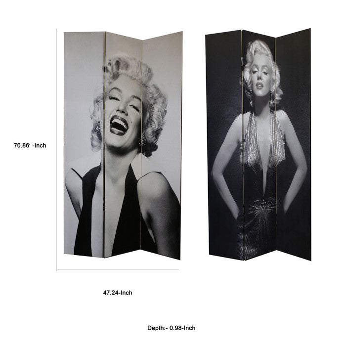 3 Panel Double Side Room Divider with MARILYN MONROE Print,Black and White
