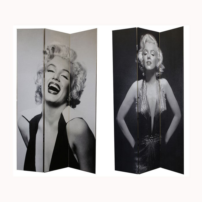 3 Panel Double Side Room Divider with MARILYN MONROE Print,Black and White