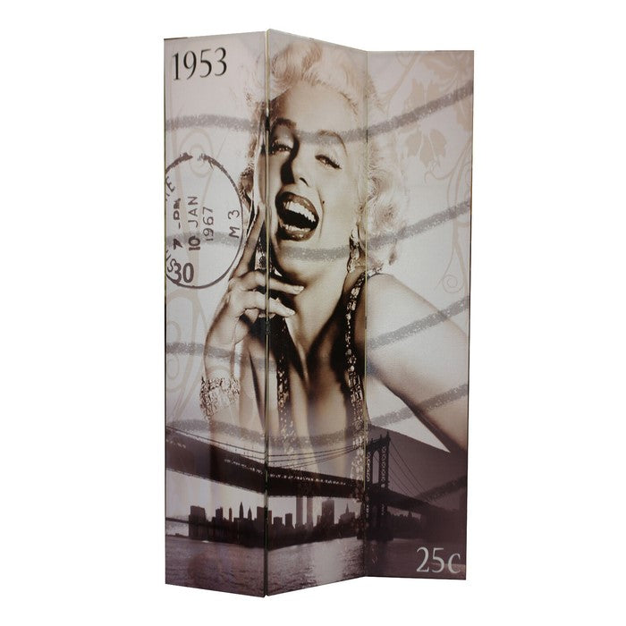3 Panel Wooden Room Divider with MARILYN MONROE Print, Brown and White