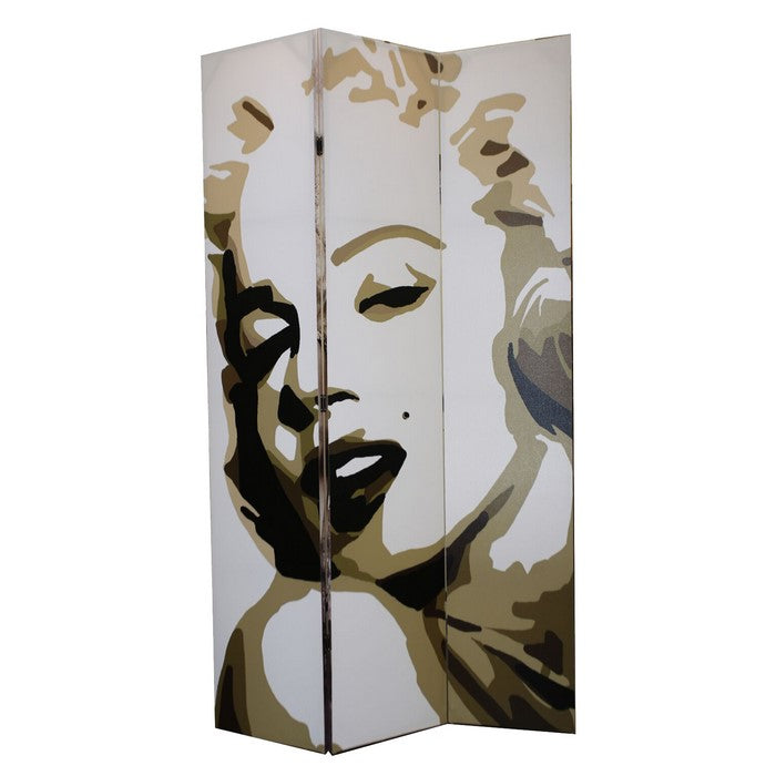 3 Panel Wooden Room Divider with MARILYN MONROE Print, Brown and White