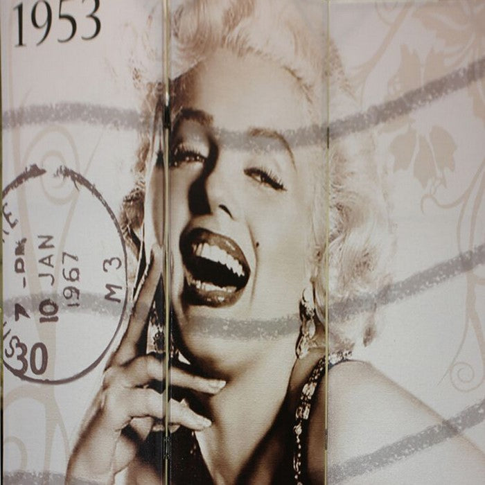3 Panel Wooden Room Divider with MARILYN MONROE Print, Brown and White