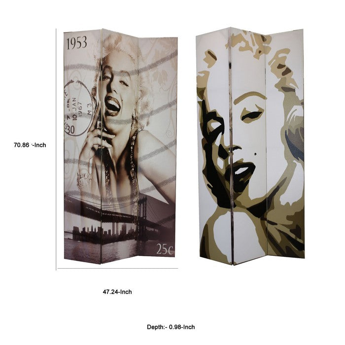 3 Panel Wooden Room Divider with MARILYN MONROE Print, Brown and White