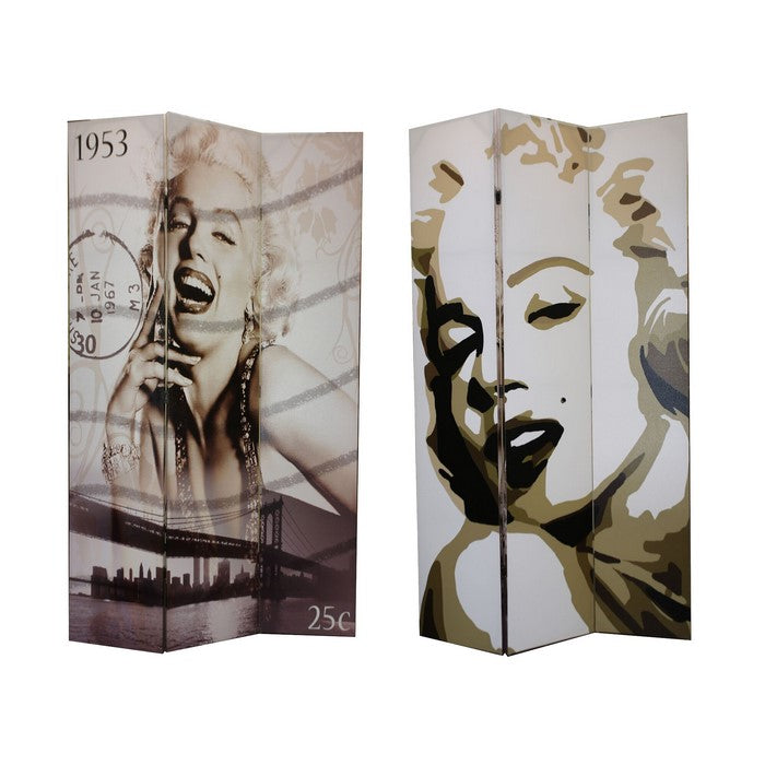 3 Panel Wooden Room Divider with MARILYN MONROE Print, Brown and White