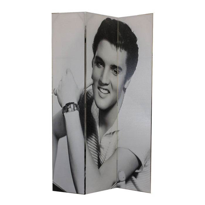 Wooden 3 Panel Room Divider with ELVIS PRESLEY Print, Black and White