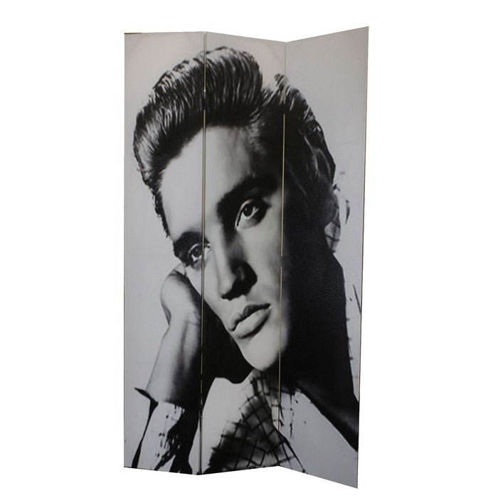 Wooden 3 Panel Room Divider with ELVIS PRESLEY Print, Black and White