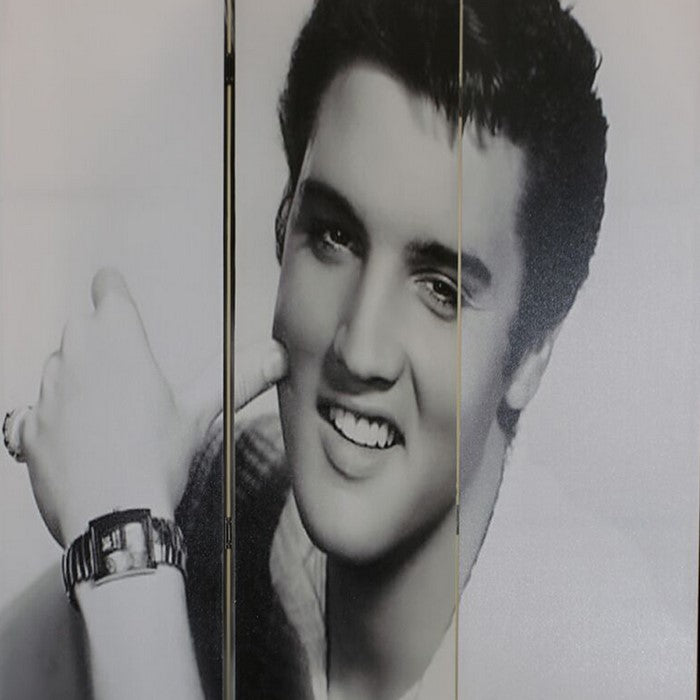 Wooden 3 Panel Room Divider with ELVIS PRESLEY Print, Black and White
