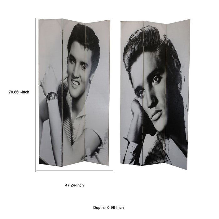 Wooden 3 Panel Room Divider with ELVIS PRESLEY Print, Black and White