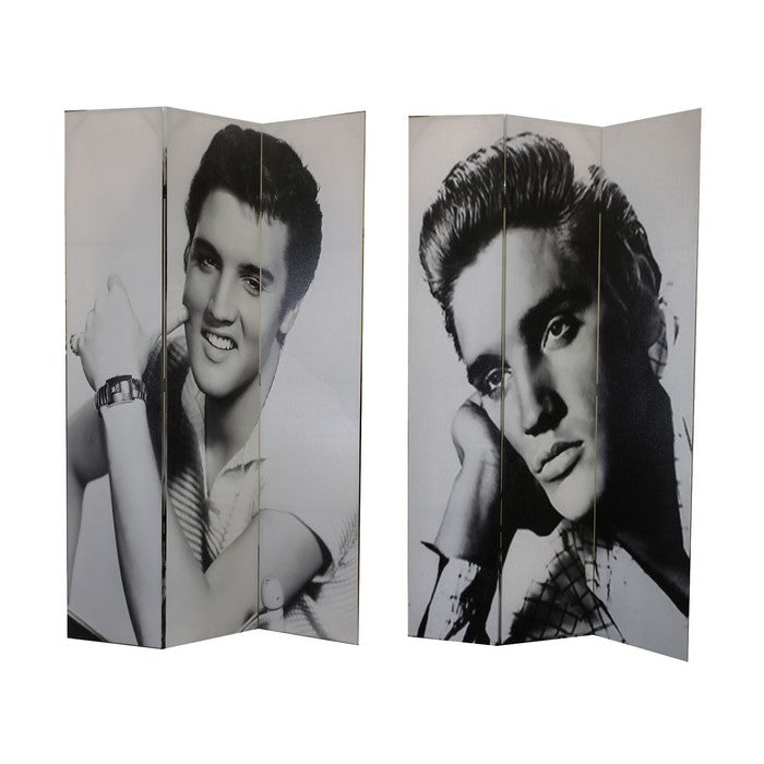 Wooden 3 Panel Room Divider with ELVIS PRESLEY Print, Black and White