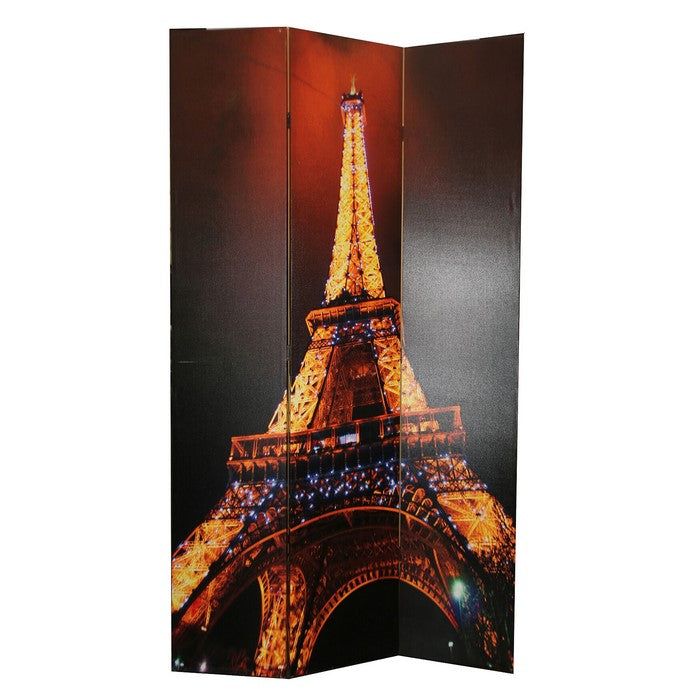 3 Panel Double Sided Wooden Room Divider with EIFFEL TOWER Print,Multicolor