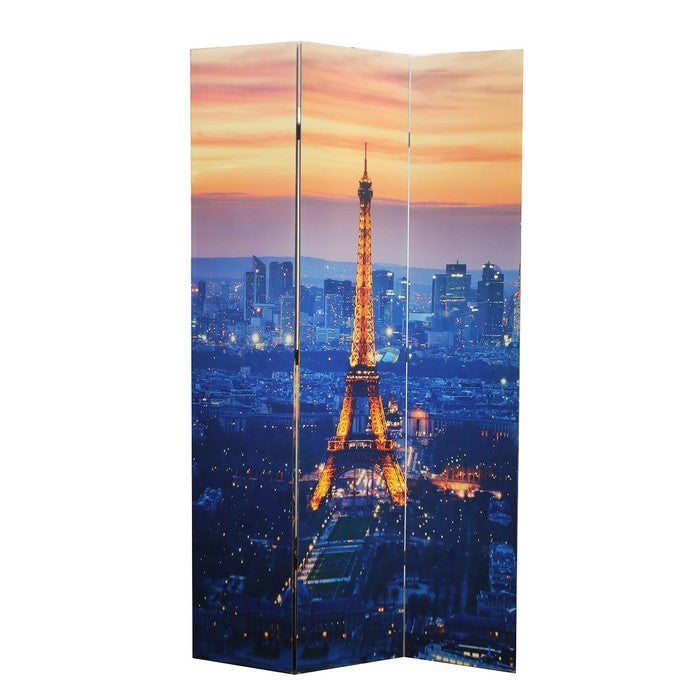 3 Panel Double Sided Wooden Room Divider with EIFFEL TOWER Print,Multicolor