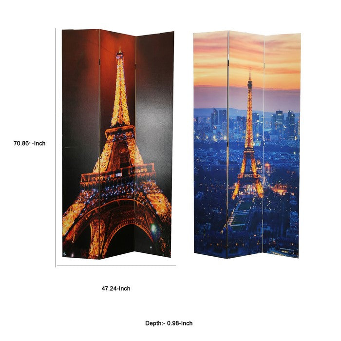 3 Panel Double Sided Wooden Room Divider with EIFFEL TOWER Print,Multicolor