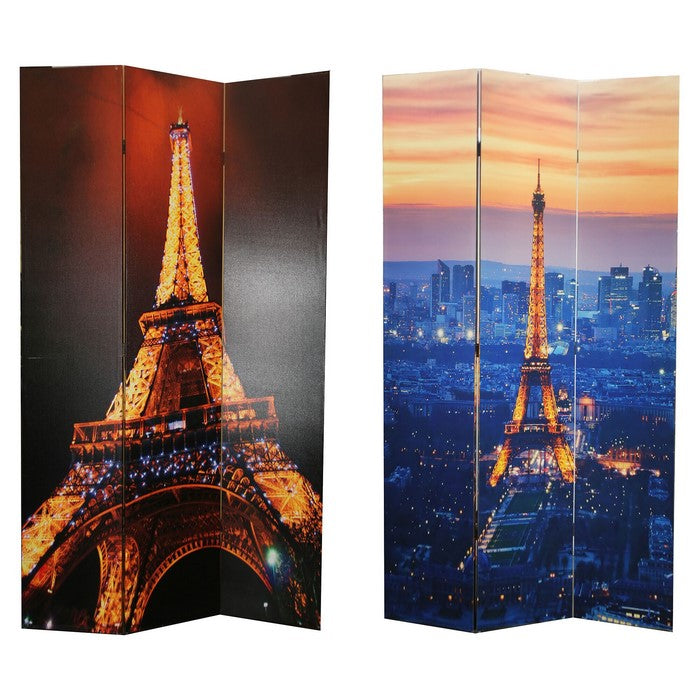 3 Panel Double Sided Wooden Room Divider with EIFFEL TOWER Print,Multicolor