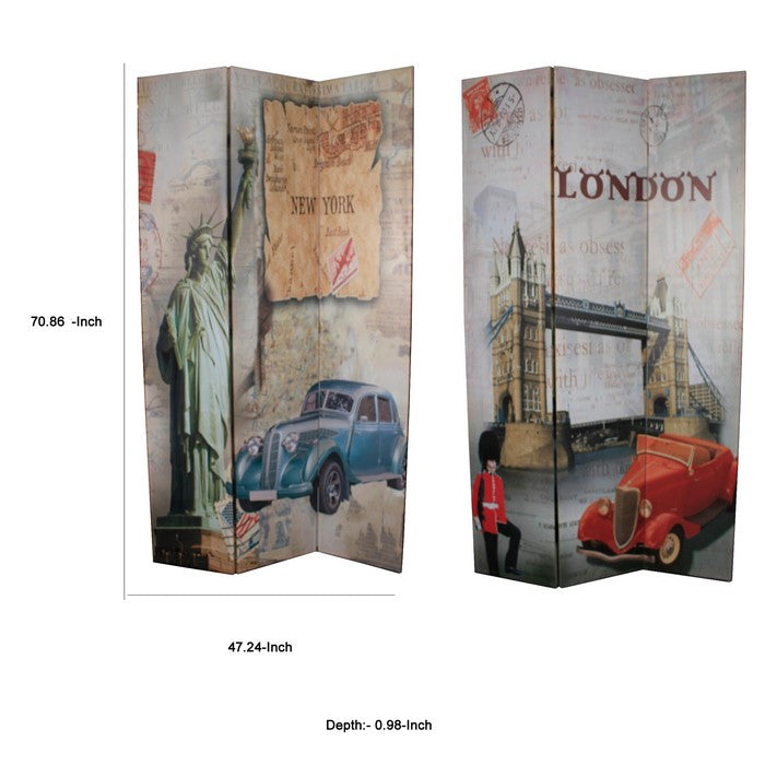 3 Panel Room Divider with NEW YORK and LONDON Theme Print, Multicolor