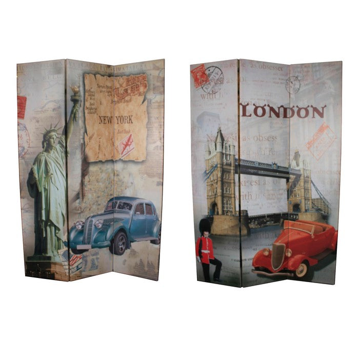 3 Panel Room Divider with NEW YORK and LONDON Theme Print, Multicolor