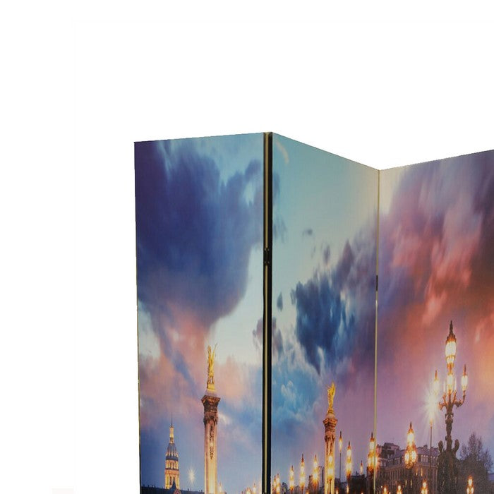 Contemporary 3 Panel Wooden Room Divider with Bridge Print, Multicolor