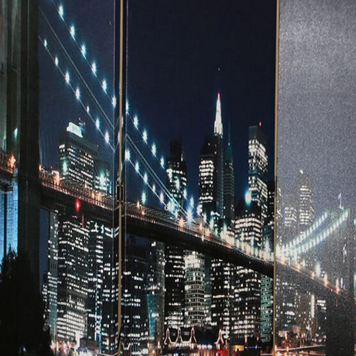Contemporary 3 Panel Wooden Room Divider with Bridge Print, Multicolor