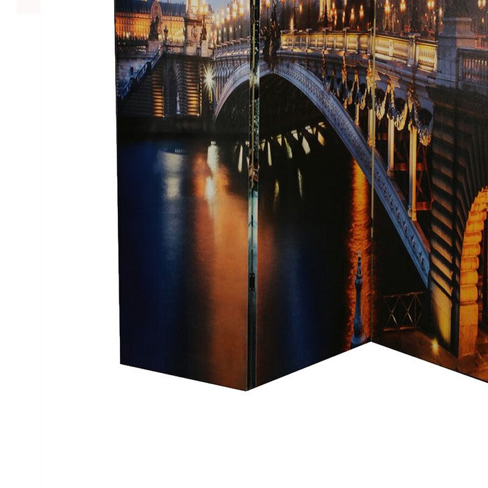 Contemporary 3 Panel Wooden Room Divider with Bridge Print, Multicolor