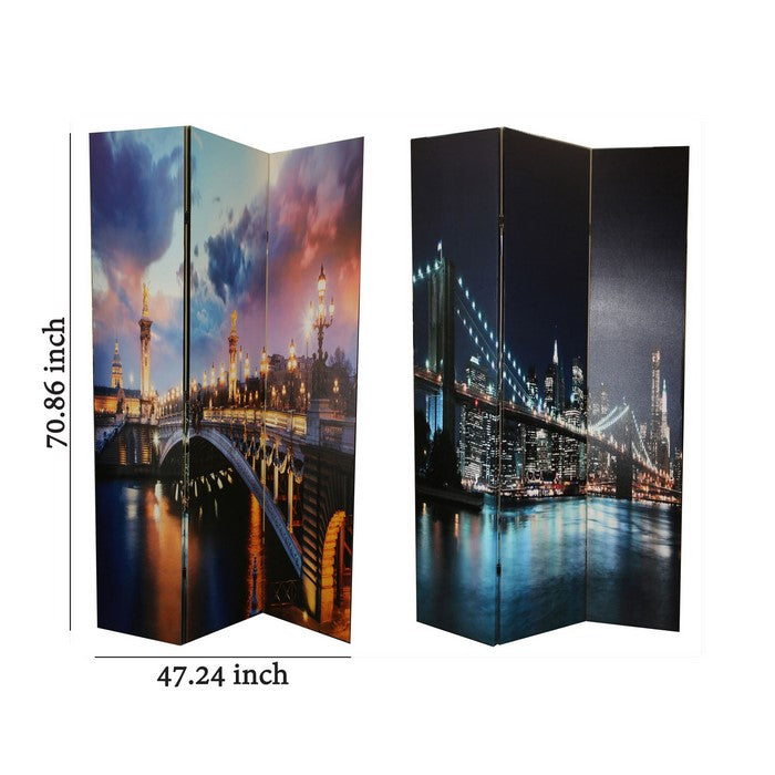 Contemporary 3 Panel Wooden Room Divider with Bridge Print, Multicolor