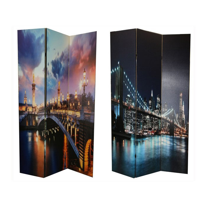 Contemporary 3 Panel Wooden Room Divider with Bridge Print, Multicolor