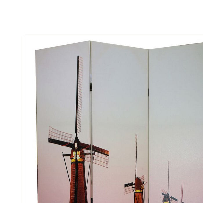 Double Sided 3 Panel Room Divider with Windmill Theme Print, Multicolor