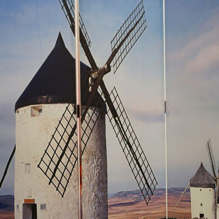 Double Sided 3 Panel Room Divider with Windmill Theme Print, Multicolor
