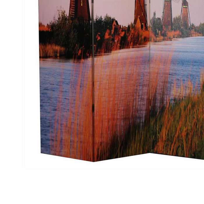 Double Sided 3 Panel Room Divider with Windmill Theme Print, Multicolor