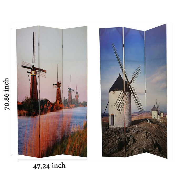 Double Sided 3 Panel Room Divider with Windmill Theme Print, Multicolor