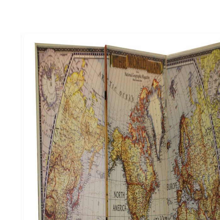 Wooden 3 Panel Double Sided Room Divider with World Map Print, Multicolor