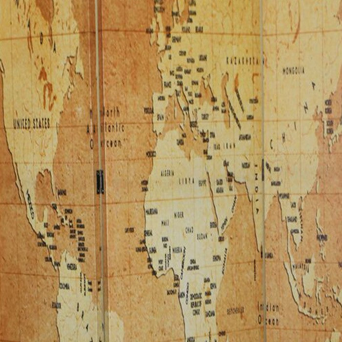 Wooden 3 Panel Double Sided Room Divider with World Map Print, Multicolor