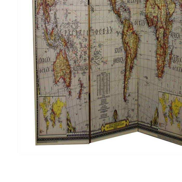 Wooden 3 Panel Double Sided Room Divider with World Map Print, Multicolor