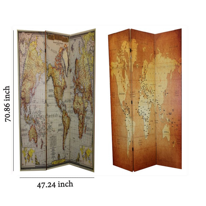 Wooden 3 Panel Double Sided Room Divider with World Map Print, Multicolor