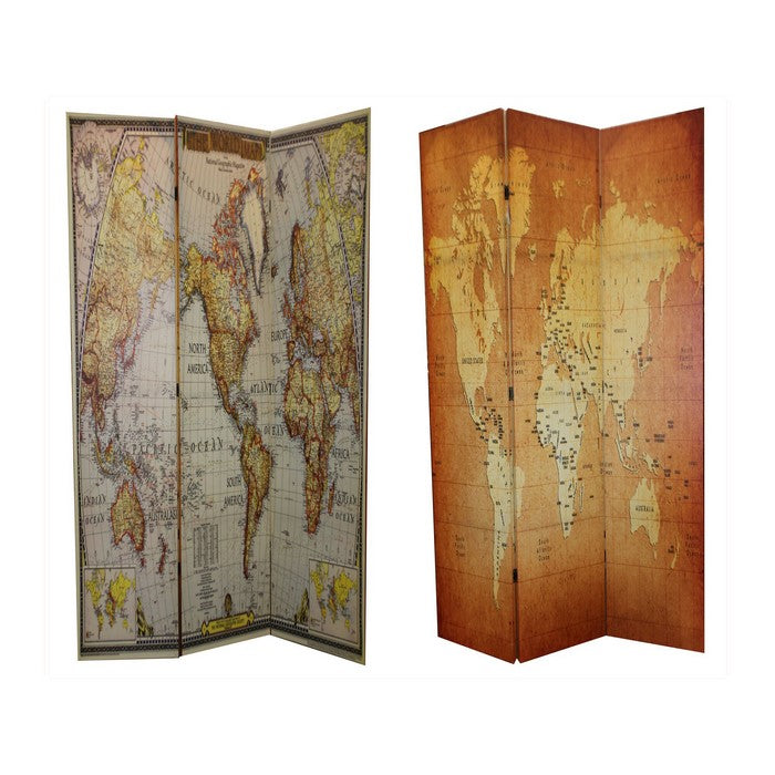 Wooden 3 Panel Double Sided Room Divider with World Map Print, Multicolor