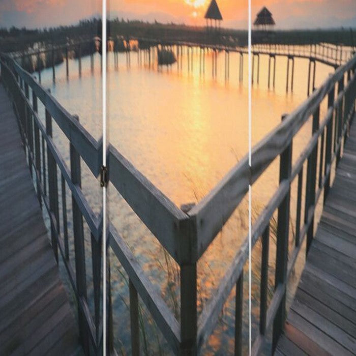 Wooden 3 Panel Room Divider with Bridge Theme Print, Multicolor