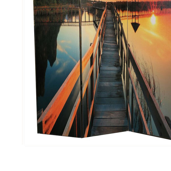 Wooden 3 Panel Room Divider with Bridge Theme Print, Multicolor
