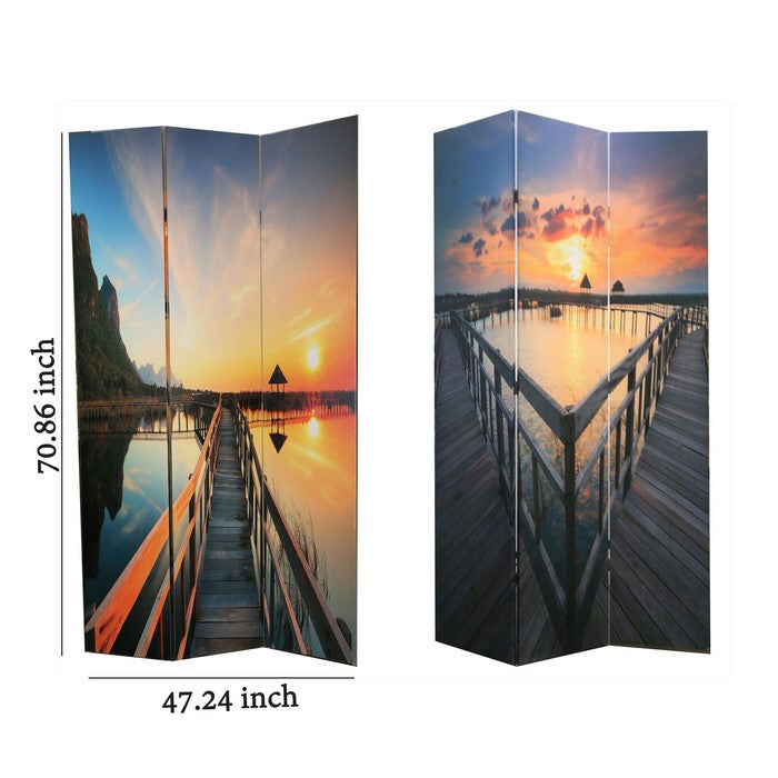 Wooden 3 Panel Room Divider with Bridge Theme Print, Multicolor