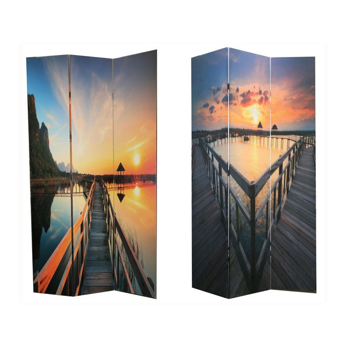 Wooden 3 Panel Room Divider with Bridge Theme Print, Multicolor
