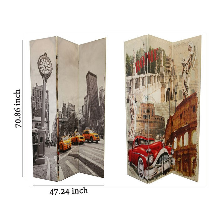 Double Sided 3 Panel Room Divider with ROME Theme Print, Multicolor