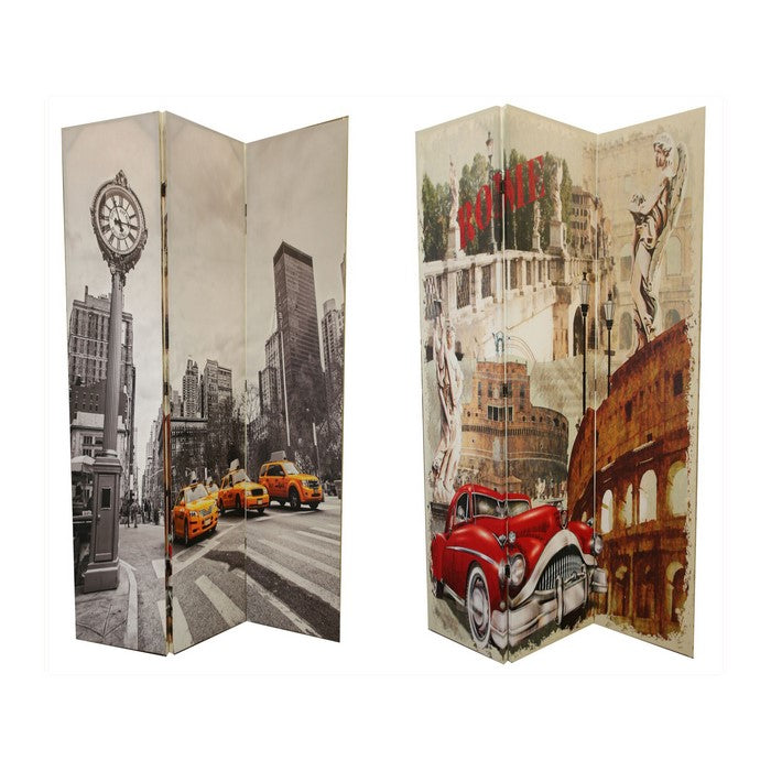 Double Sided 3 Panel Room Divider with ROME Theme Print, Multicolor